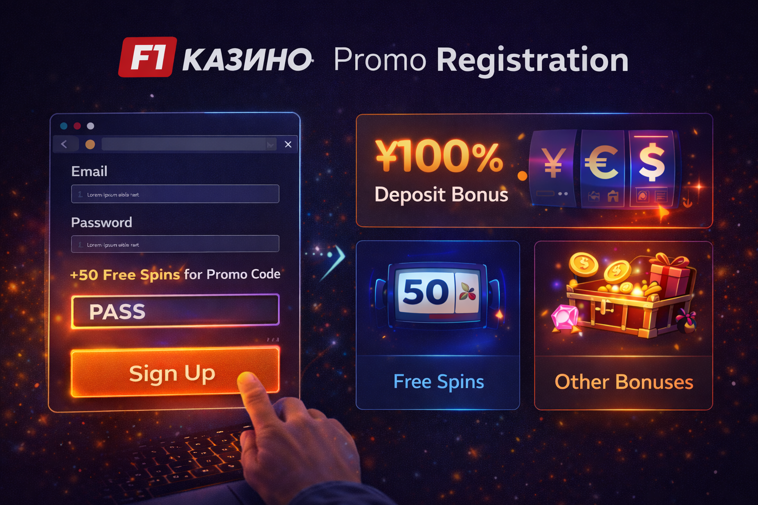 Промокод онлайн казино Ф1 при регистрации: поле для кода на сайте и активация стартового бонуса